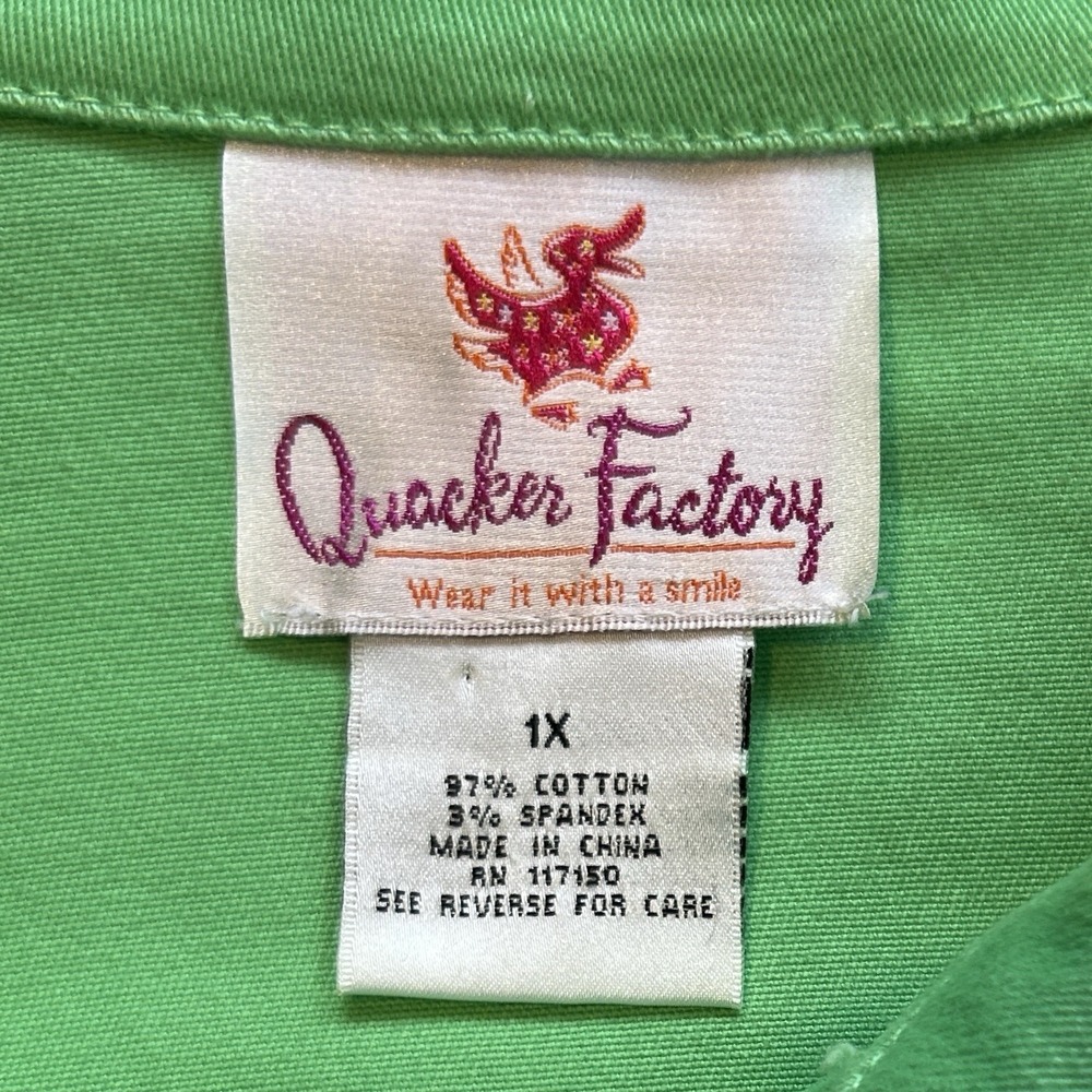 QUACKER FACTORY Green Jacket sz 1X Grosgrain Ribbon Pink Whale Trim Resortwear - Picture 10 of 11